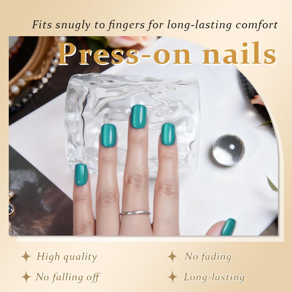 evpct Cyan-blue Green Cat Eye Extra Short Square Press on Nails, Petite Short Square Stick on Nails for Women Gift, Glossy Glitter Fake Nail Reusable, Soft Gel Press on Acrylic False Nail with Designs