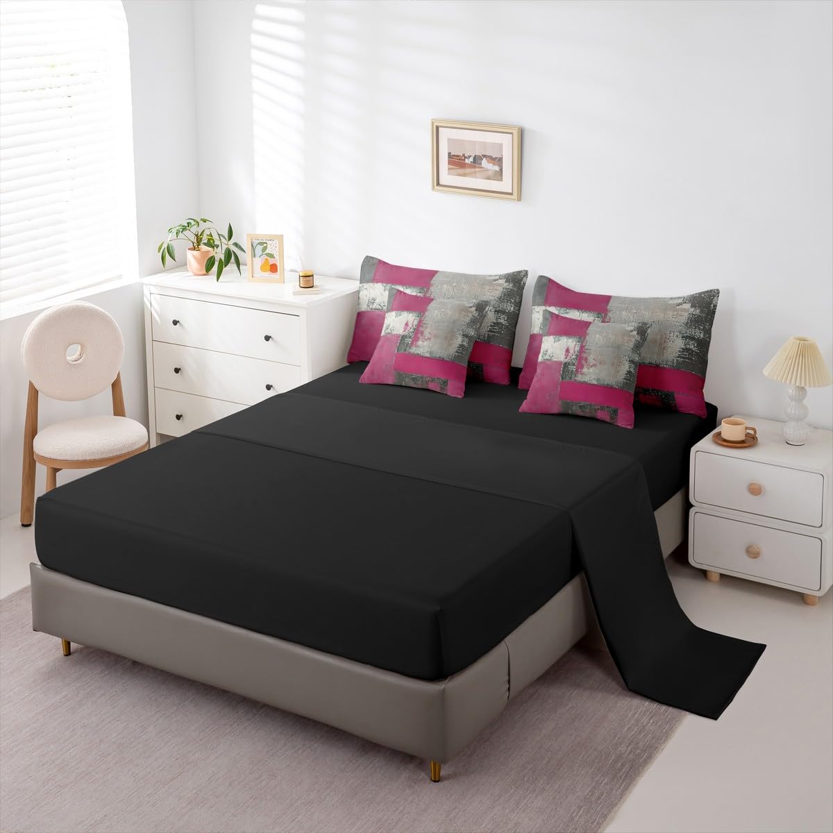 Feelyou Abstract Comforter Set with Sheets 7 Piece King Size Modern Abstract Art Bedding Set for Kids Boys Girls Luxury Bed in a Bag Geometric Room Decor Gray Rose Soft Lightweight Microfiber