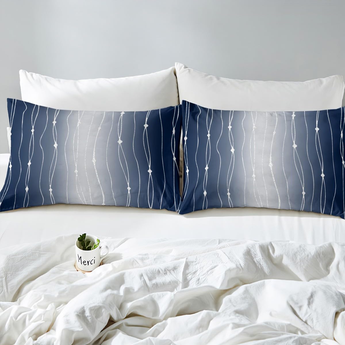 Erosebridal Navy Blue and Gray Gradient Bed Set Watercolor Ombre Bed Sheets Set, Abstract Aesthetic Sheet Set Queen Wave Line and Dots Sheets, Geometric Top Sheet Room Decor