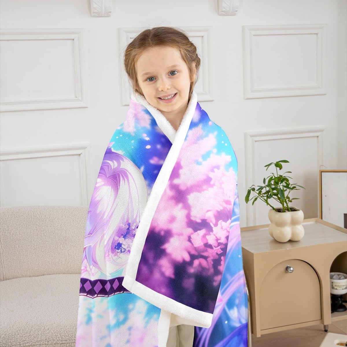 Erosebridal Anime Girl Twin Size Sherpa Blanket for Kids,Kawaii Japanese Anime Fuzzy Plush Throw Cartoon Girl Fleece Blanket Sci Fi Style Japanese Animation Decor for Bed Couch for Kids Girls