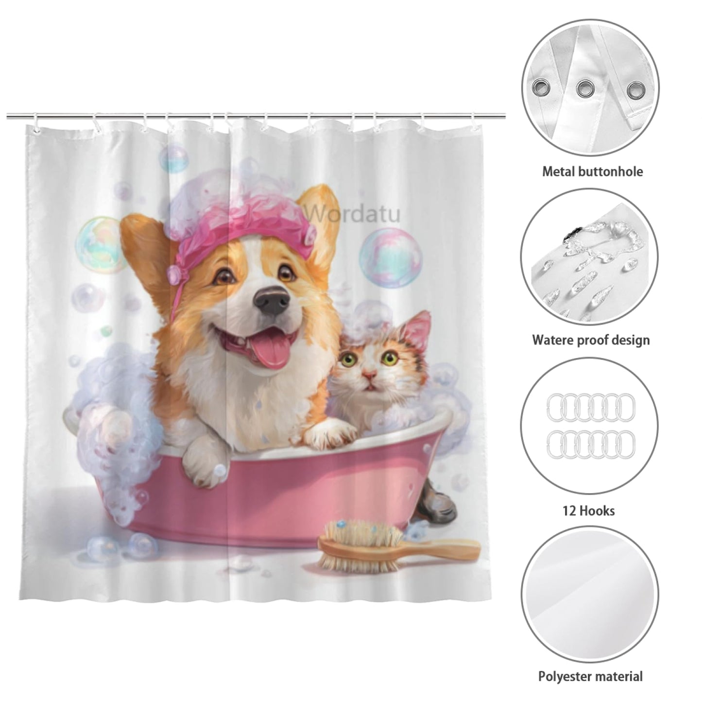 Wordatu Funny Corgi Shower Curtain Decor Fabric Bathroom Curtains, Kids Children Cartoon Waterproof 72x72 inch with 12 Hooks
