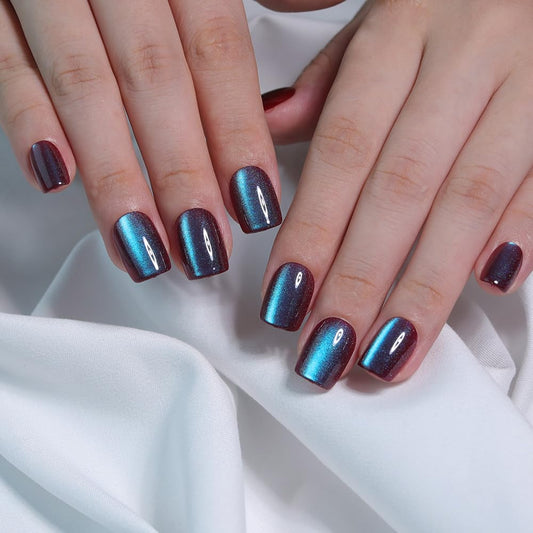 Stbisen Teal Blue Cat Eye Press On Nails Short – Square Fake Nails with Color-Shifting Glow, Glossy Gel Acrylic Nails 15 Sizes, 30 Nails, Thick Reusable Glue On Nails for Daily Wear & Women Gifts