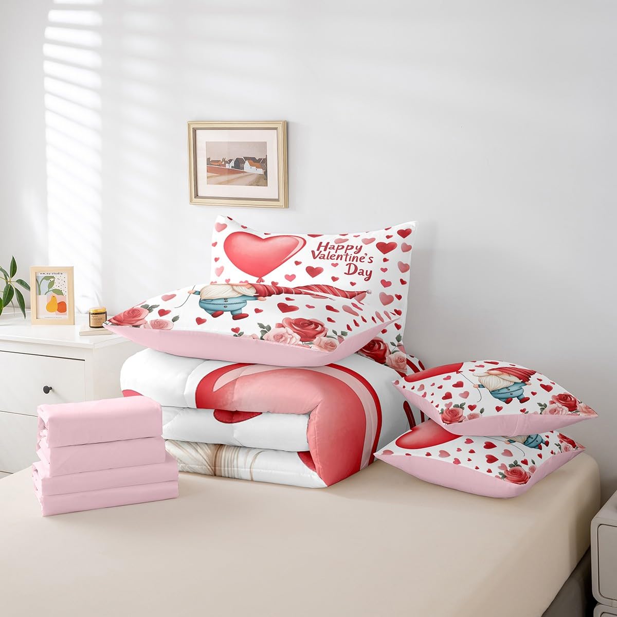 Erosebridal Valentines Gnome Queen 7 Piece Comforter Set with Sheets - Cute Gnomes Red Rose Floral Bedding Sets, Romantic Love Bed Set with Fitted + Flat Sheet for Kids Girls Women Room Decor