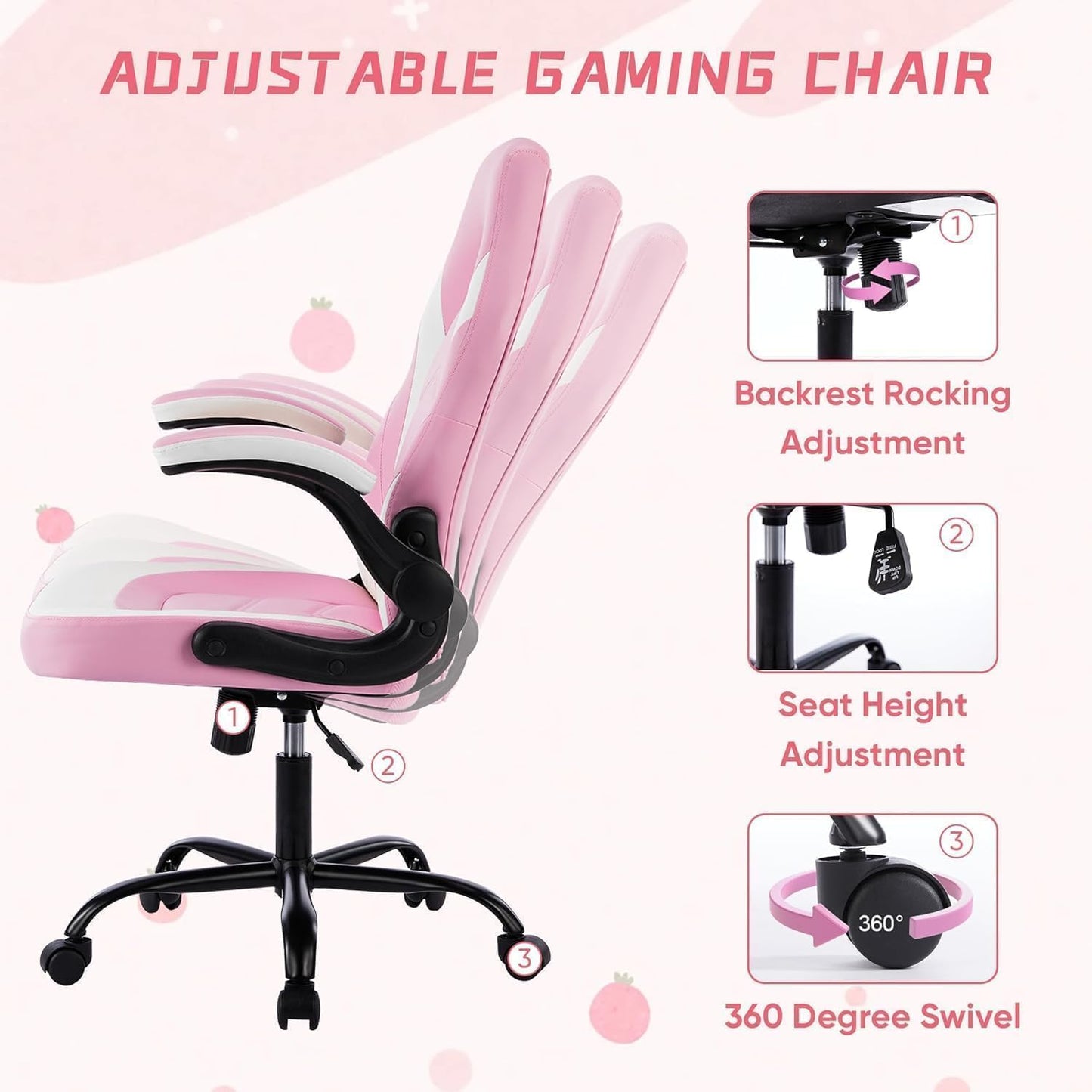 OLIXIS Computer Gaming Desk Chair - Big and Tall Ergonomic Lumbar Support with Flip-up Armrest and 360° Swivel Wheels, PU Leather Height Adjustable, for Home and Office, Pink and White