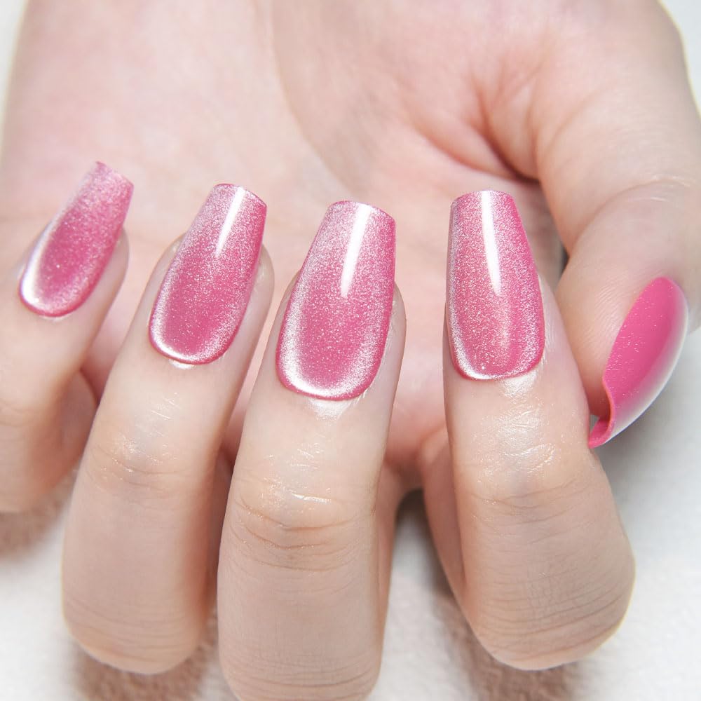 evpct Rose Pink Cat Eye Coffin Press on Nails Medium Square No Glue, Medium Square Stick on Nail for Women, Pink Metallic Glitter Glossy Reusable Summer Soft Press on Acrylic Fake Nail with Designs