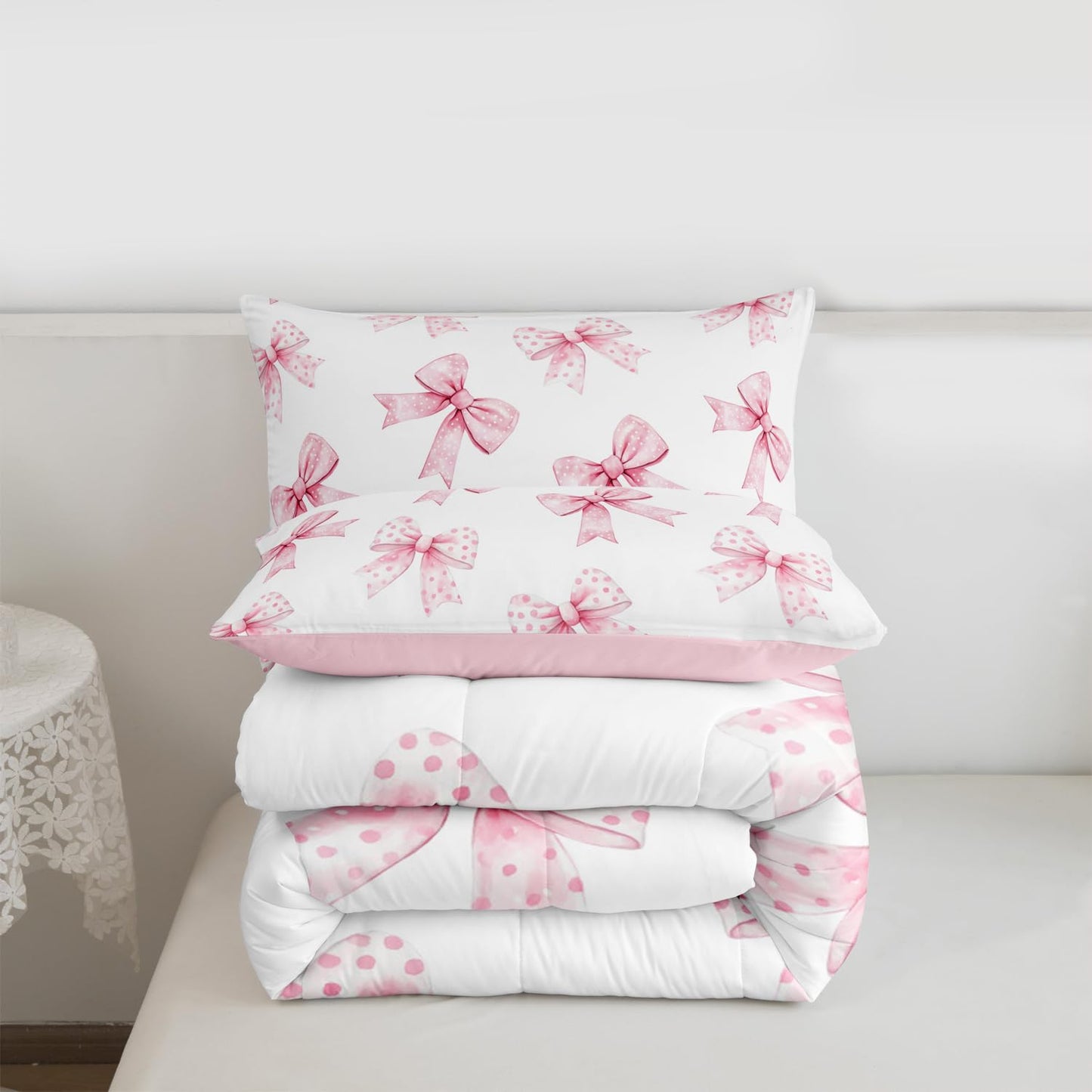 Erosebridal Pink Bow Kids Bedding | Coquette Bowknot Full Comforter Sets,Princess Girls Ribbon Bowtie Comforter Watercolor Cute Duvet Insert with 2 Pillow Cases