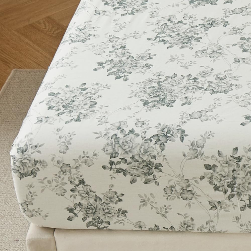 DAUAOTO 100% Cotton Bedding Printed Sheets Set for Queen Size Bed Up to 14" Deep Mattress, Toile Rose Floral Pattern Bedlinen Sets, Gray