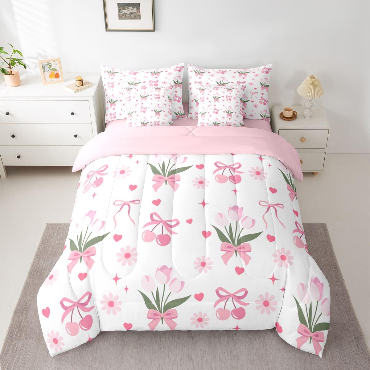 Erosebridal Pink Girls Daisy Flowers Bowknot Kids Full Comforter Set 7 Pieces | Tulip Bow Floral Bed in A Bag for Bedroom Love Hearts Cherry Bedding Set with Comforters Love Hearts Cherry Room Decor