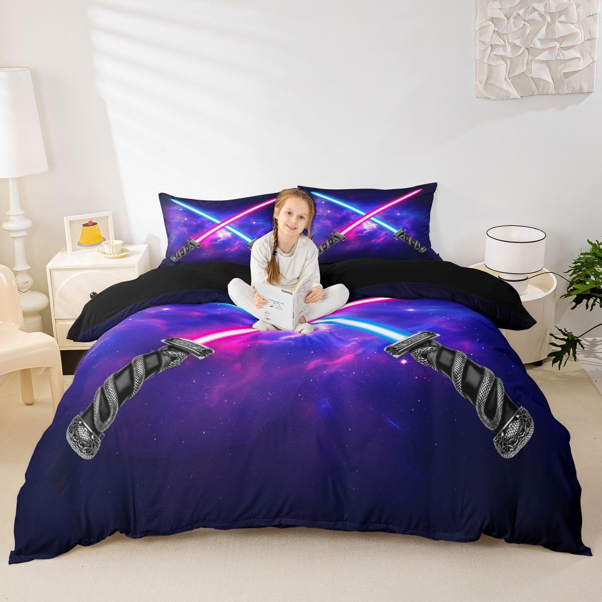 Manfei Kids Lightsaber Duvet Cover Set Queen Size Light Saber Sword Bedding Set 3pcs for Boys Teens, Blue Purple Starry Sky Comforter Cover Galaxy Outer Space Bedspread with 2 Pillowcases,No Comforter
