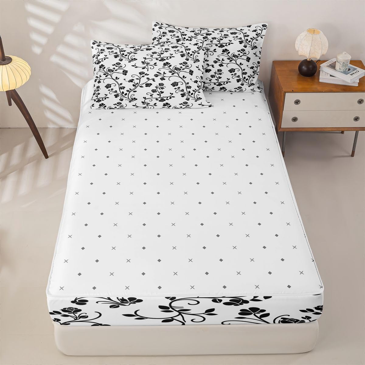 jejeloiu Retro Black White Rose Comforter Set Queen Size Zipper Bedding Set for Girls Boys Floral Comforter with Fitted Sheet, Pillowcases Botanical Flowers Zipper Bedding Soft Breathable Bed in a Bag