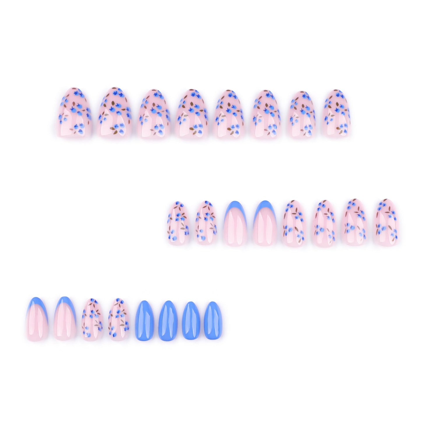 Stbisen Summer Fall Press On Nails Short Almond, Nude and Blue Fake Nails Featuring Blue Floral Accents, Glossy Finish Acrylic Nails, Thick Reusable Glue On Nails for Women, 24Pcs