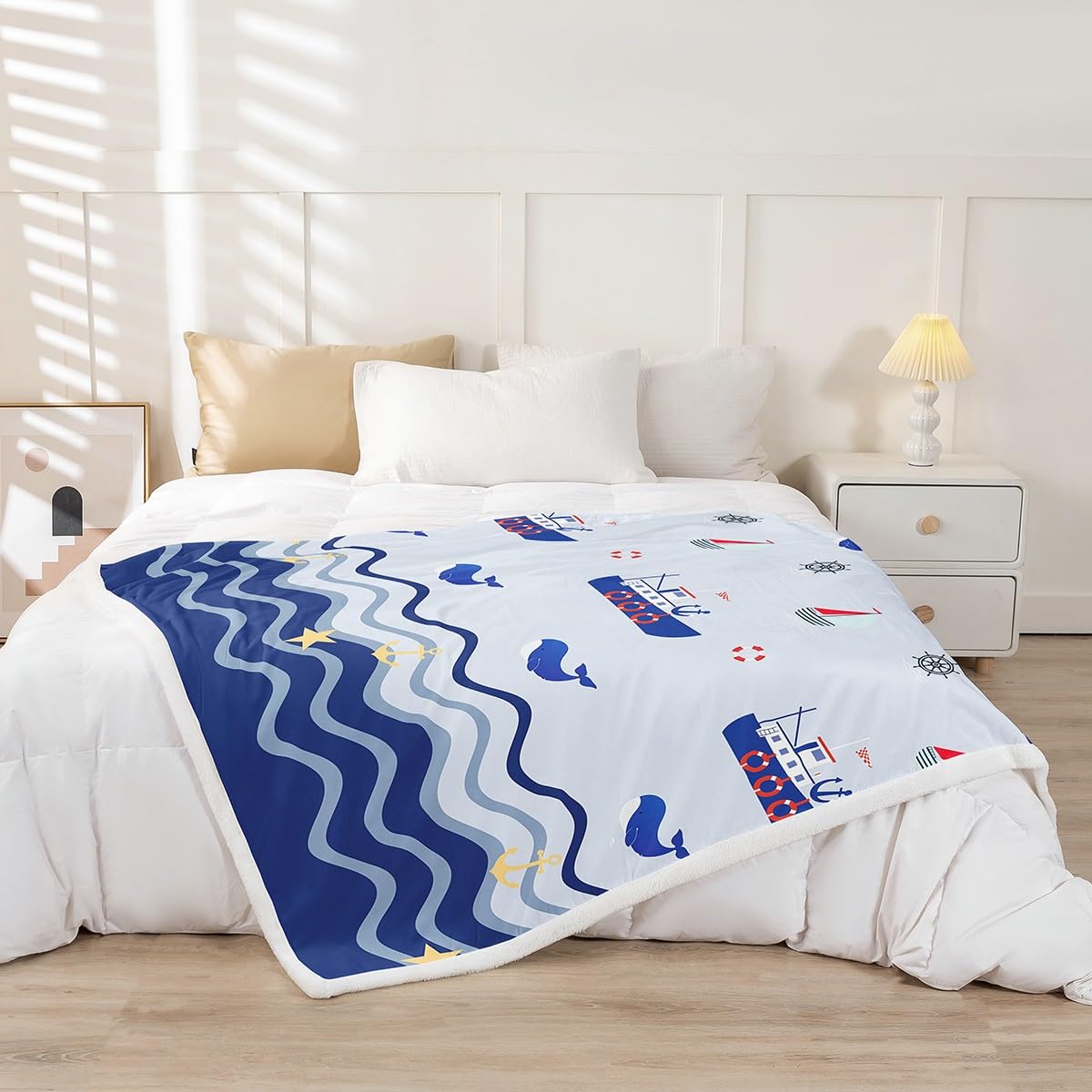 Nautical Sherpa Sailboat Printed Fleece Throw Blanket - Ocean Themed Plush Fuzzy Blanket for Bed, Sofa, Couch - Kids Sea Adventure - 40"x50"