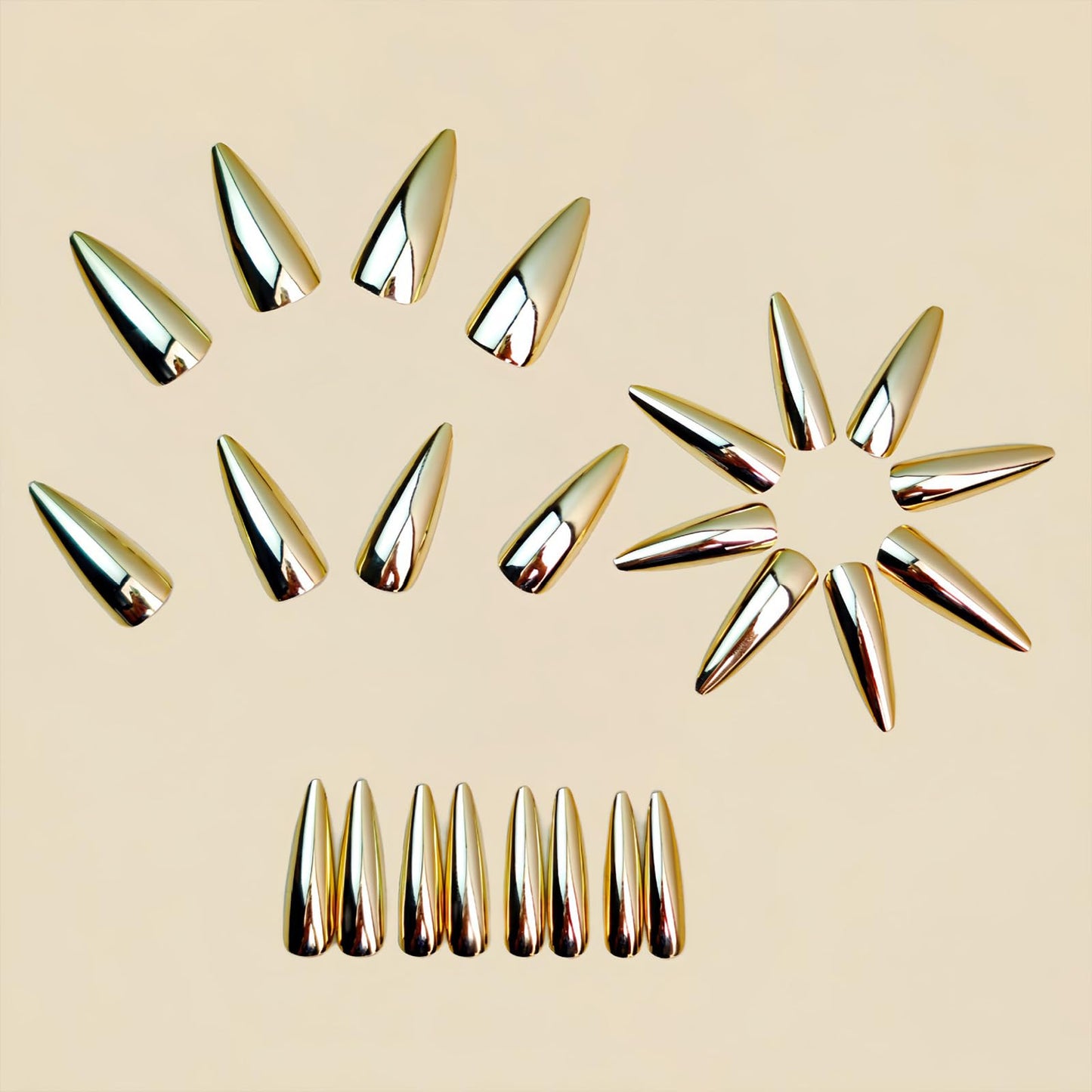 SINHOT Stiletto Press on Nails Long - Long Fake Nails, Glossy Finish, Gold Metallic & Chrome, DIY Artificial False Nail Art - 24 Pcs Nail Kit with Glue