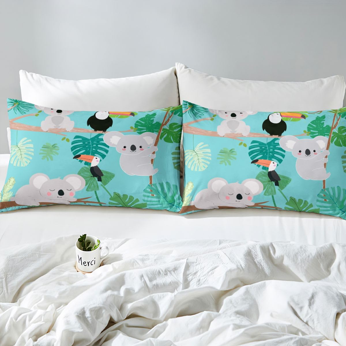Kids Koala Duvet Cover Cute Animal Pattern Bedding Set Palm Leaf Comforter Cover for Boys Girls Children Room Decor Lightweight Cartoon Koala Printed Bedspread Cover Queen Size With 2 Pillow Case