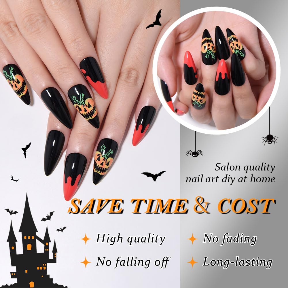 Halloween Press on Nails Medium Almond with Horror Design, Medium Almond Red Black Artificial Fake Nails with Ghost Pumpkin Designs, Perfectly Fit Soft Gel Full Cover Glossy Stick on Nail for Women
