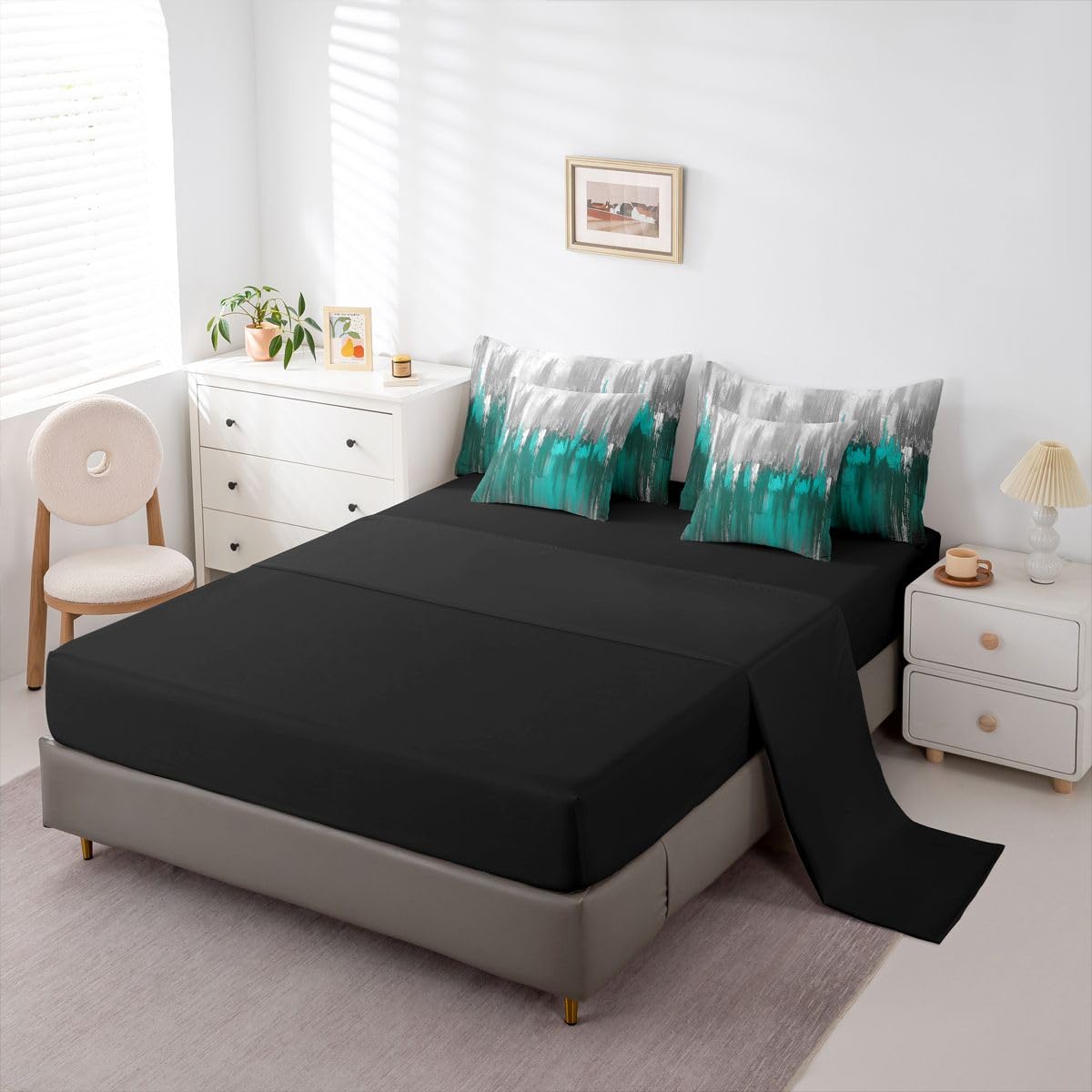 Erosebridal Greyish Gradient 7 Piece Bedding Set Queen White Teal Comforter Set with Sheets Chic Abstract Art Ombre Vintage Bed in a Bag Farmhouse Graffiti Modern for Teens Men Women
