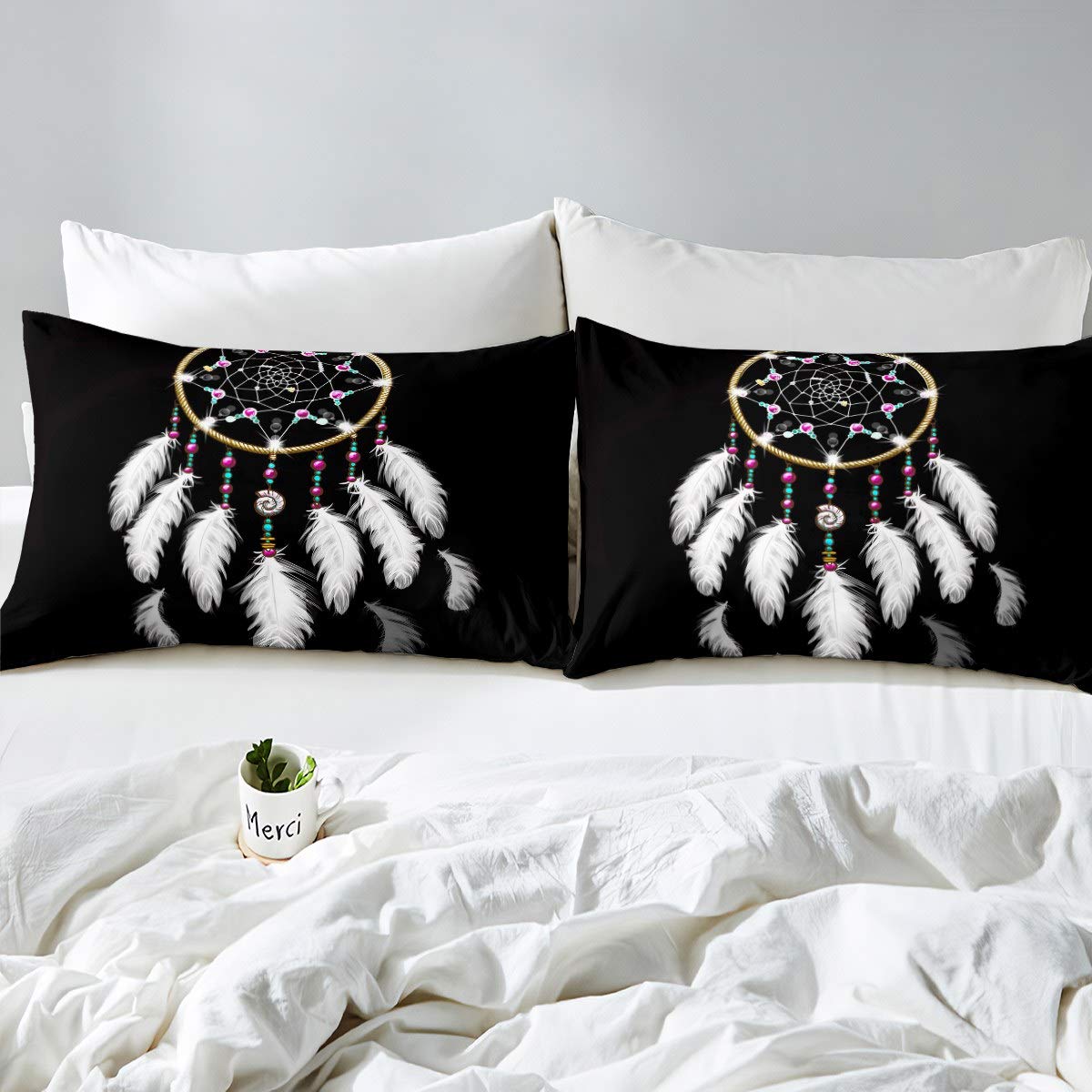 Feelyou Dreamcatcher Bedding Set Girls Boho Boho Dream Catcher Duvet Cover for Kids Daughter Children Bohemian White Feather Comforter Cover Ultra Soft Black Bedroom Decor Bedspread Cover Queen Size