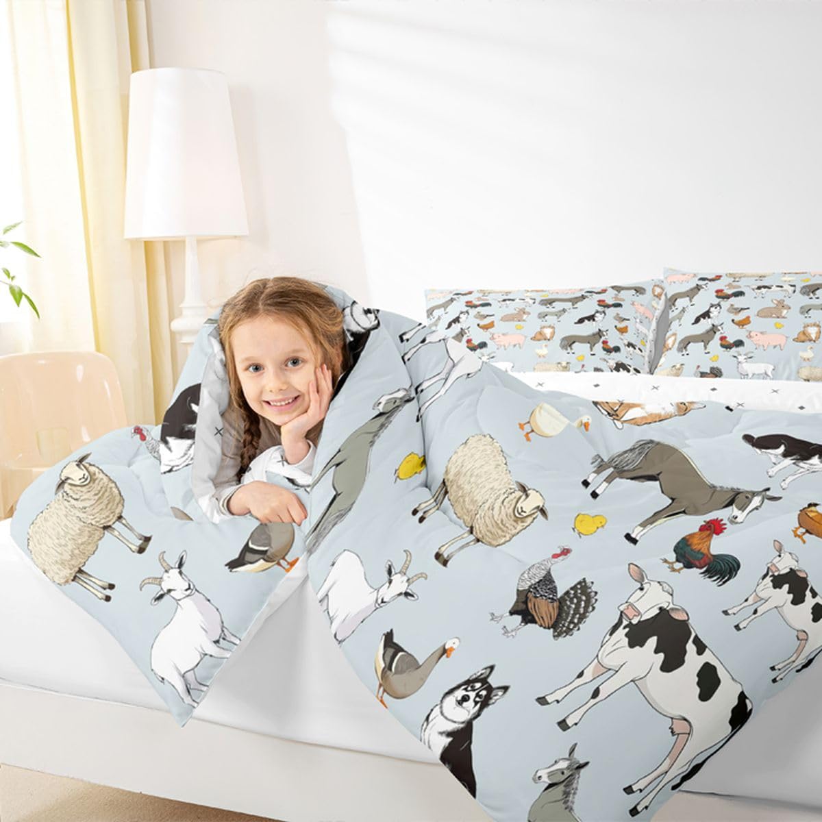 Feelyou Light Blue Farm Animal Comforter Set Toddler Size Cute Animal Bedding Set for Kids Boys Girls Farm Theme Duvet Quilt Cartoon Bedroom Decor 2 Pcs with 1 Pillow Cases