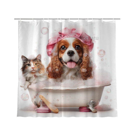 Wordatu Funny Cavalier-King-Charles Spaniel Shower Curtain Decor Fabric Bathroom Curtains, Kids Children Cartoon Waterproof 72x72 inch with 12 Hooks