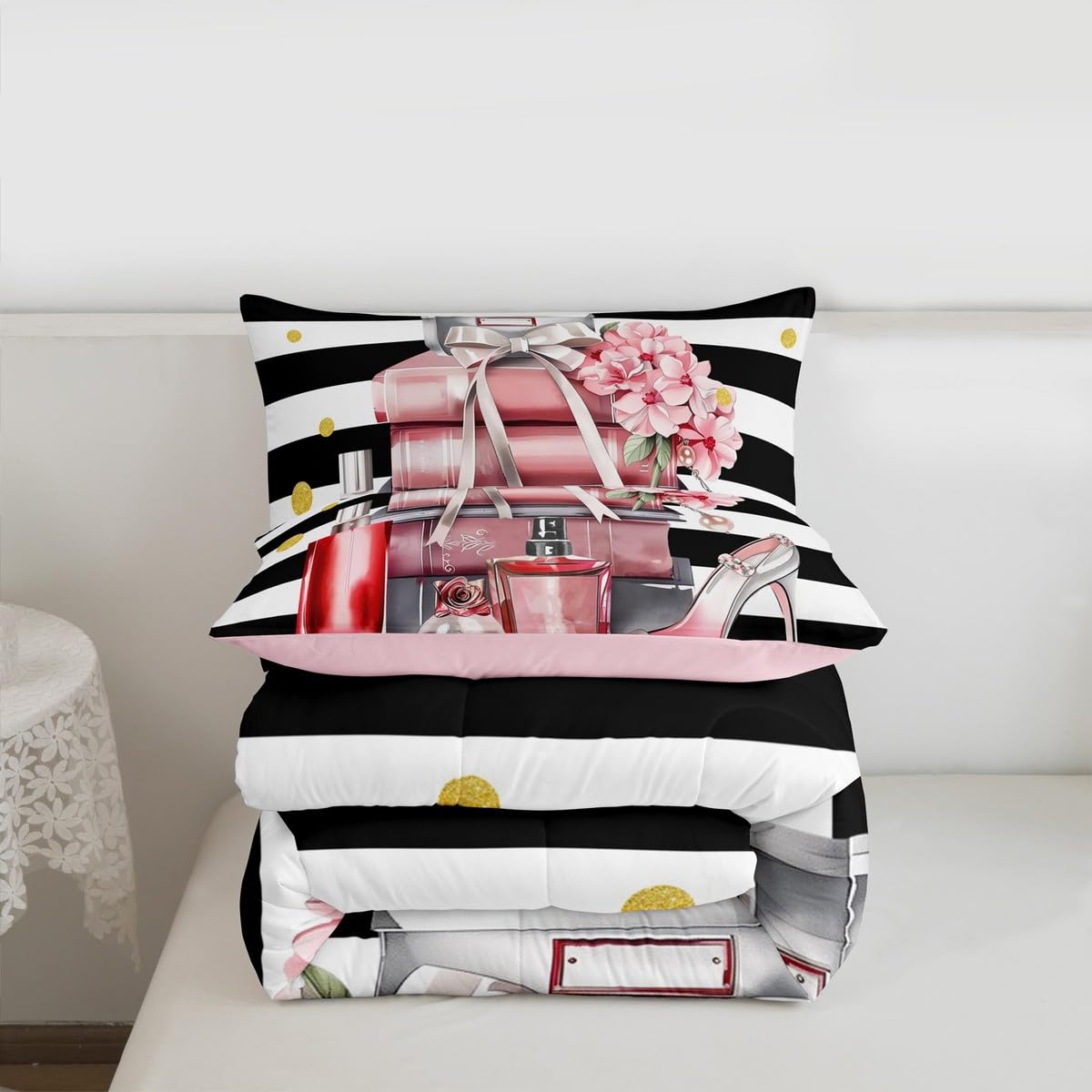 Erosebridal Black and Pink Comforter King Size Fashion Black White Girly Bedding Set for Girl Women Modern Flower Floral Perfume Striped Duvet Insert High Heels Magazine Books Bed Sets