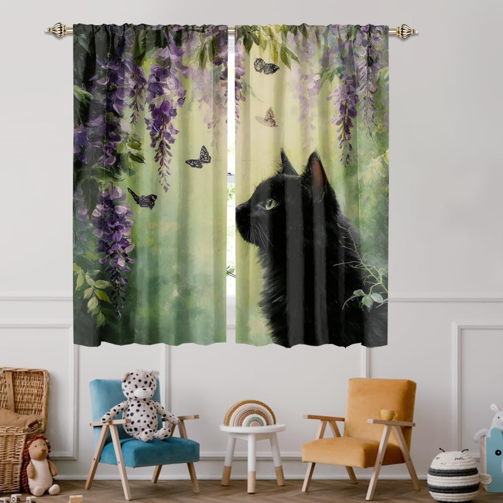 XSUPFLYM Cute Beautiful Spring Cat Window Thermal Curtain for Living Room Colorful Rustic Animals Black Cat Butterflies Plant Lilac Flowers Patt Blackout Curtains for Bedroom 2 Panels Each 21"W x 45"L