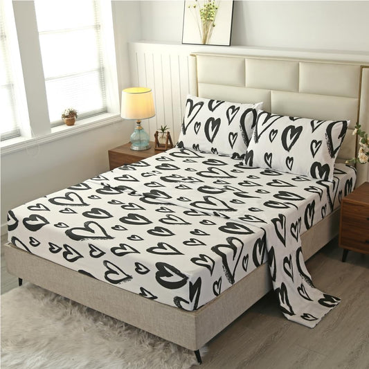 SDIII 4 Pieces Love Heart Sheets Set Twin, Soft Microfiber Black and White Heart Sheets Twin, Romantic Hearts Bedding Sheet Shrink and Fade Resistant