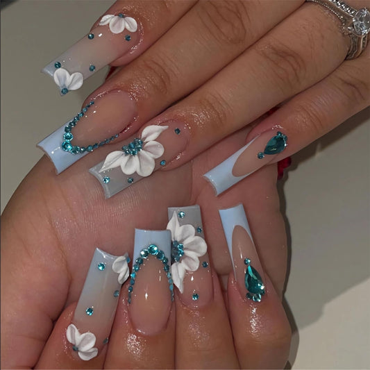 BABALAL Long Square Press on Nails - Blue French Tip Fake Nails, 3D Flower Design Bling Rhinestone Full Cover Acrylic Nails for Women and Girls, 24Pcs