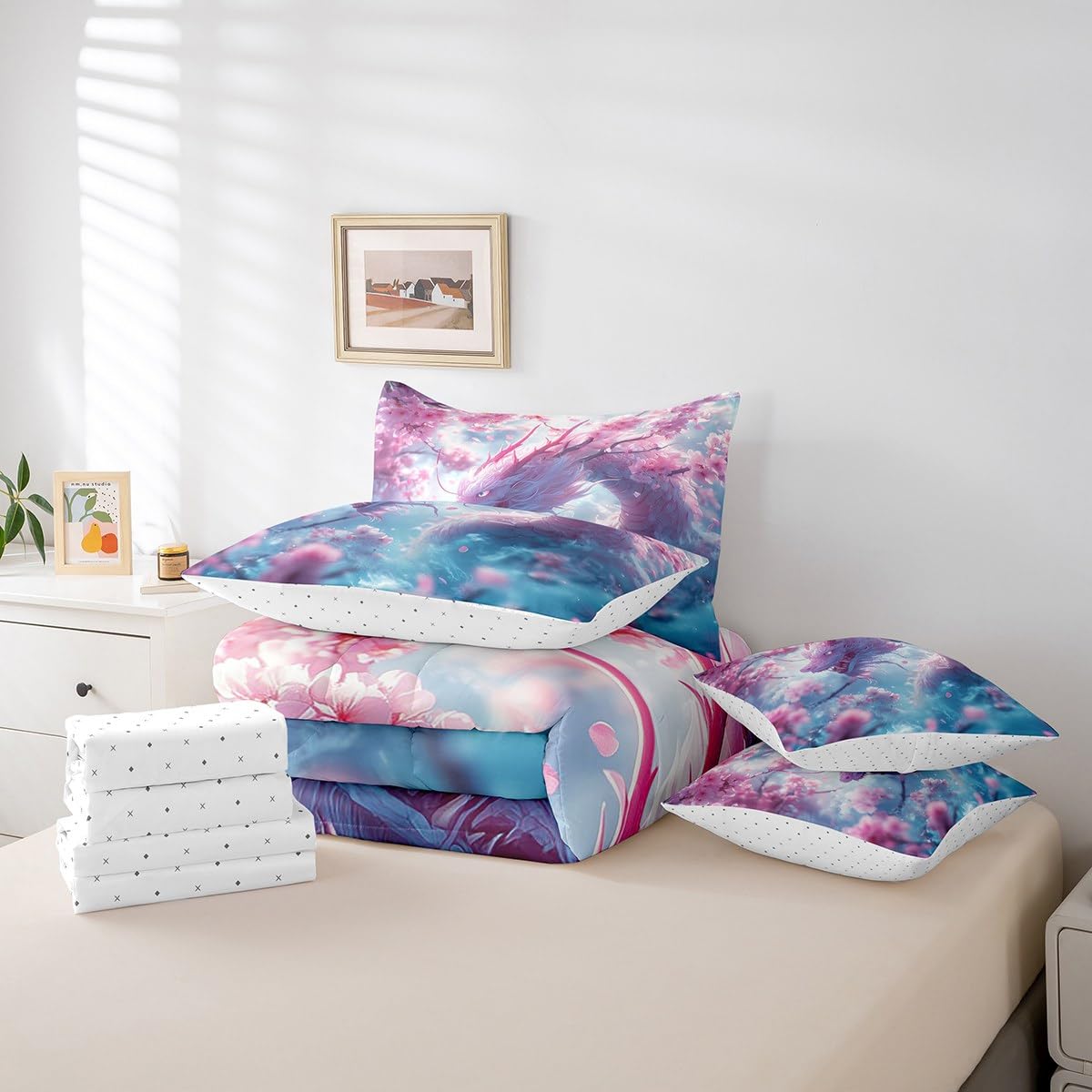 Erosebridal Dreamy Dragon Bed in A Bag Cherry Blossom Twin Comforter Set 7 Piece for Kids Boys Girls,Magical Animal Dragon Bedding Set Pink Cherry Blossom Aesthetic Animal Bed Set