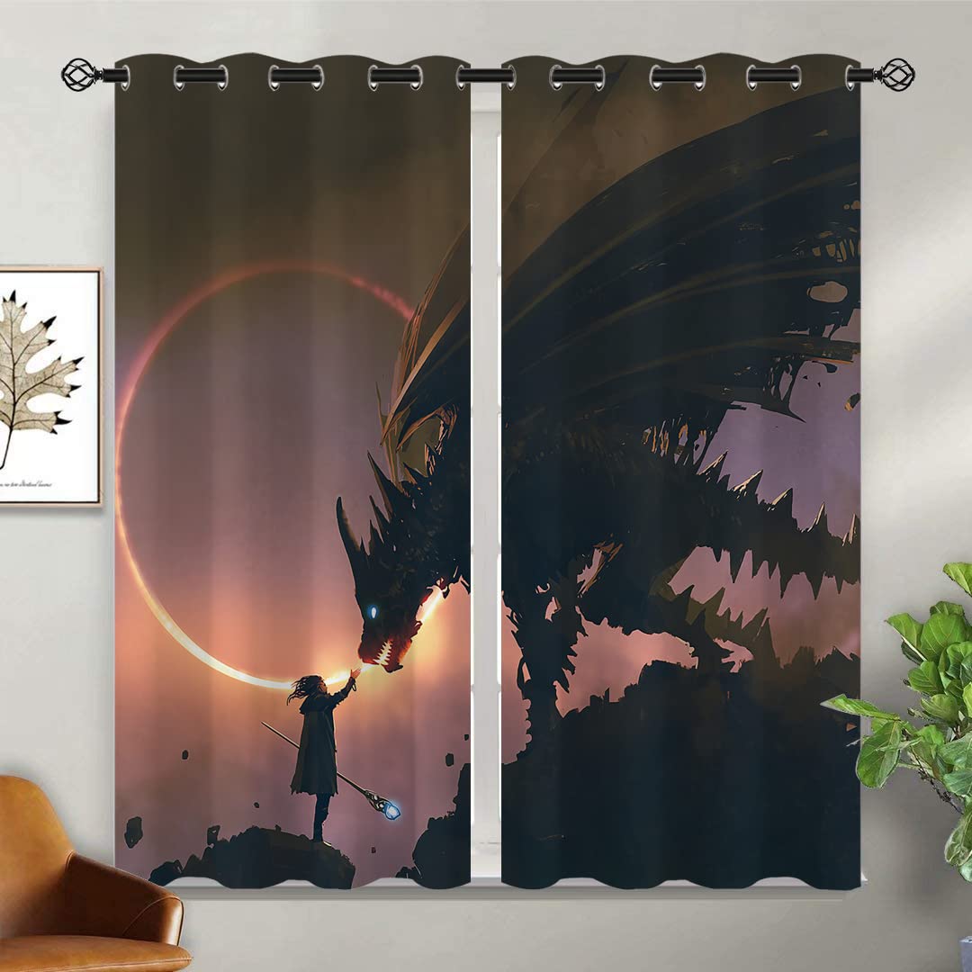 ONINUO Dragon Blackout Curtains for Girls Boy Home Decor, Medieval Magic Wizard Fantasy Mythical Grommet Thermal Insulated Drapes Darkening Window Curtain for Bedroom Living Room, 42 x 45 Inch