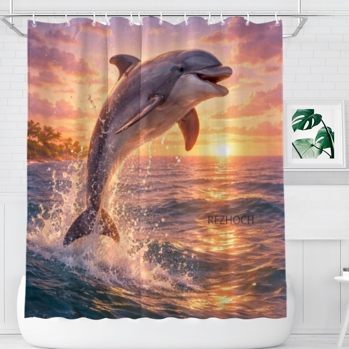 REZHOCH Coastal Funny Dolphin Shower Curtain 72x72 Inch,Cute Animal Sunset Beach Flowers Ocean Seaside Home Bathroom Decor Fabric Waterproof Bath Bathtub Set with 12 Hooks