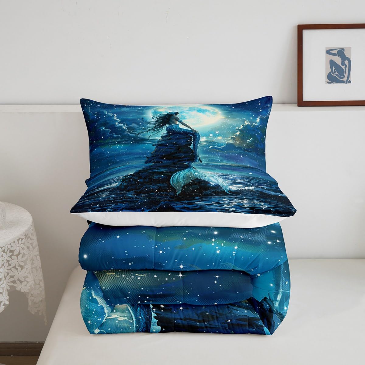 3D Mermaid Comforter Set Queen Size,Sea Moon Starry Sky Bedding Set for Kids Boys Girls Room Decor,Blue Fish Scale Fantastic Duvet Insert 3Pcs,Luxury Fashion Soft Microfiber Quilt Set,2 Pillowcases