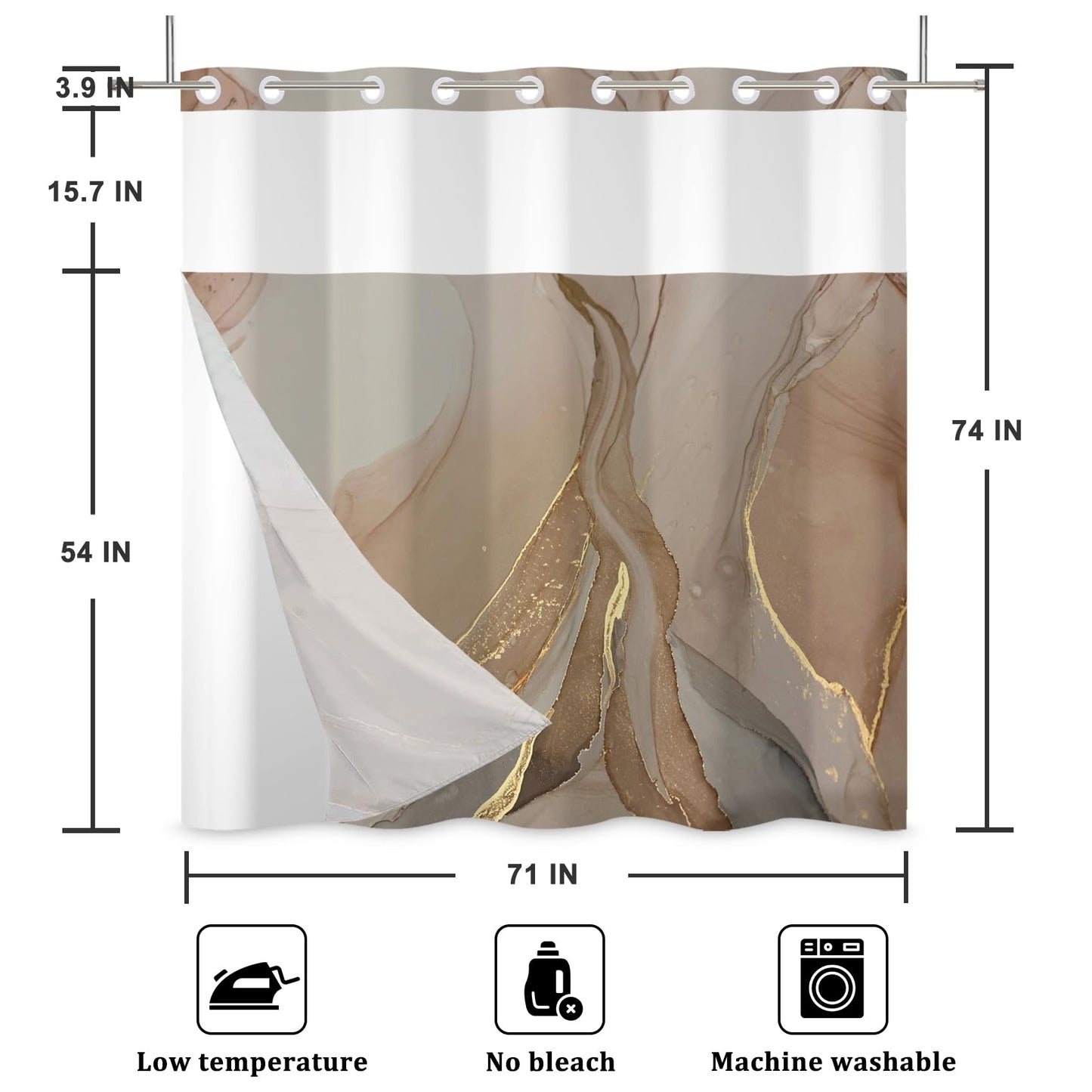 Baocicco No Hook Brown Marble Shower Curtain Golden Cracked Lines Shower Curtain with Snap-in Fabric Liner Set Double Layer Waterproof Fabric with Bathtubs Hotel Curtain Set Bathroom Decors 71x74 Inch