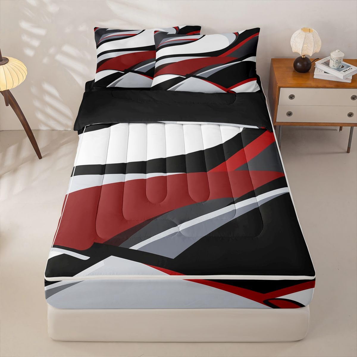 Abstract Geometric Striped Zip Up Bedding Set Full Watercolor Graffiti Geometric Comforter Set With Sheets Red Black Grey White Bed In A Bag,Brush Strokes Graffiti bed sets With 2 Pillowcases
