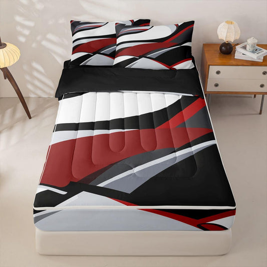 Abstract Geometric Striped Zip Up Bedding Set Full Watercolor Graffiti Geometric Comforter Set With Sheets Red Black Grey White Bed In A Bag,Brush Strokes Graffiti bed sets With 2 Pillowcases