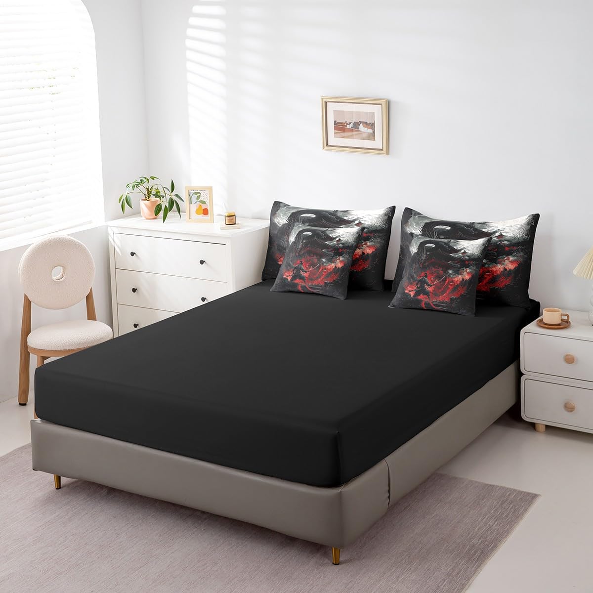Feelyou Dragon Comforter Set with Sheets Twin Size Japanese Style Bed in a Bag for Boys Girls Teens Samurai 7 Pieces Bedding Set Dragon Decor Bed Set Room Decor Black Red