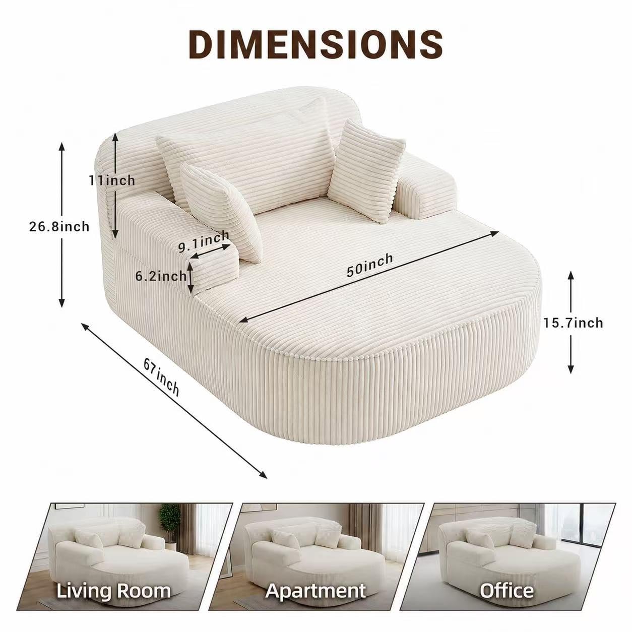 RJFFDDGZ Boneless Chaise Lounge Chair Indoor, Oversized Corduroy Foam Lounger with 3 Pillows, White