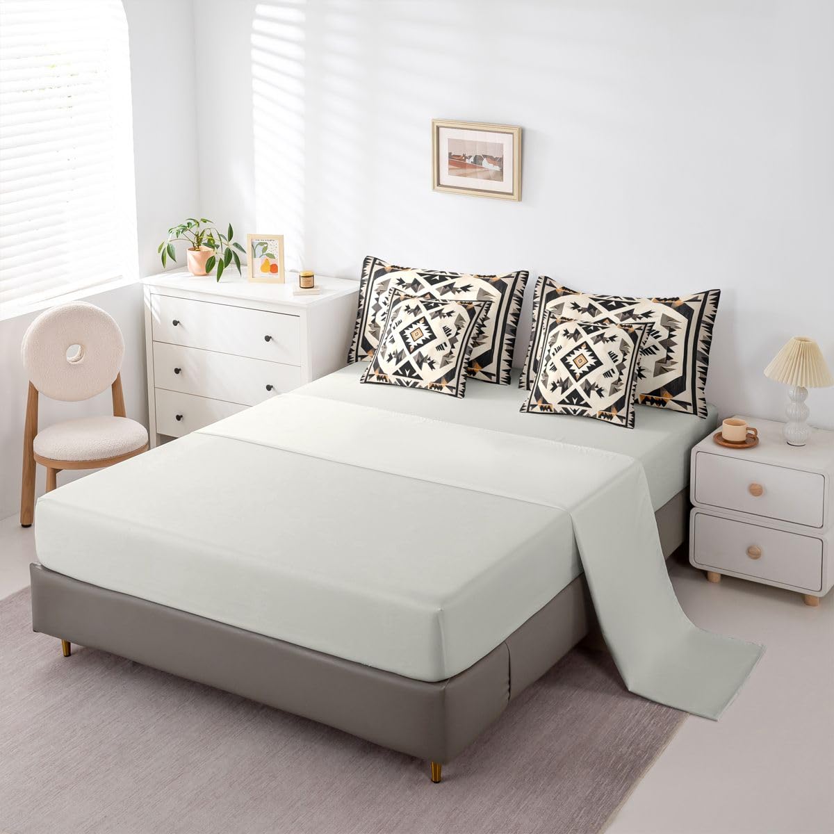Erosebridal Geometric 7 Piece Bedding Set Queen Aztec Comforter Set with Sheets Rhombus Triangle Simple Western Bed in a Bag Southwestern Tribal Farmhouse for Teens Men Women