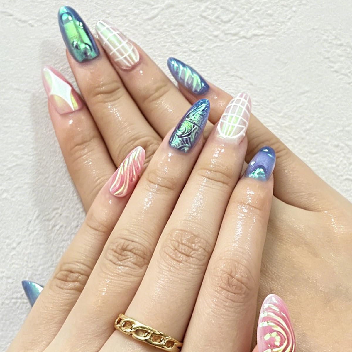 3D Press On Nails Almond Medium Fake Nails with Embossed Square Star Lines Vines Aurora Glitter Designs, Acrylic Artificial Nail Press ons False Stick On Nails for Women Girls 30Pcs