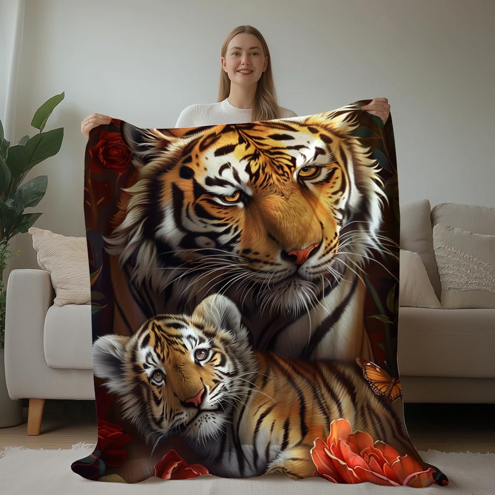 HUNXIAOJ Tiger Throw Blanket Tiger Gift for Kid Animal Print Blankets Queen Size Soft Warm Flannel for Sofa Bed (50 in x 60 in)