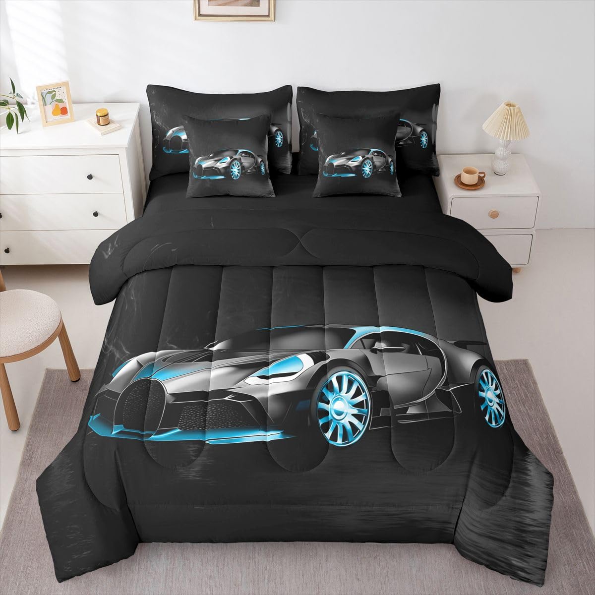 Sports Car 7 Piece Bedding Set Stylish Black Race Car Comforter Set with Sheets for Kids Boys Girls Extreme Sports Theme Bed in a Bag Cool Speed Luxury Car Decor Bed Set with 1 Pillowcase Twin