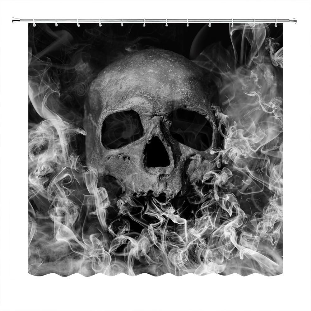 Skull Theme Shower Curtain Halloween Bathroom Curtains Gothic Bath Curtain Fog Smoke Skull Skeleton Curtains L 72" W 72"