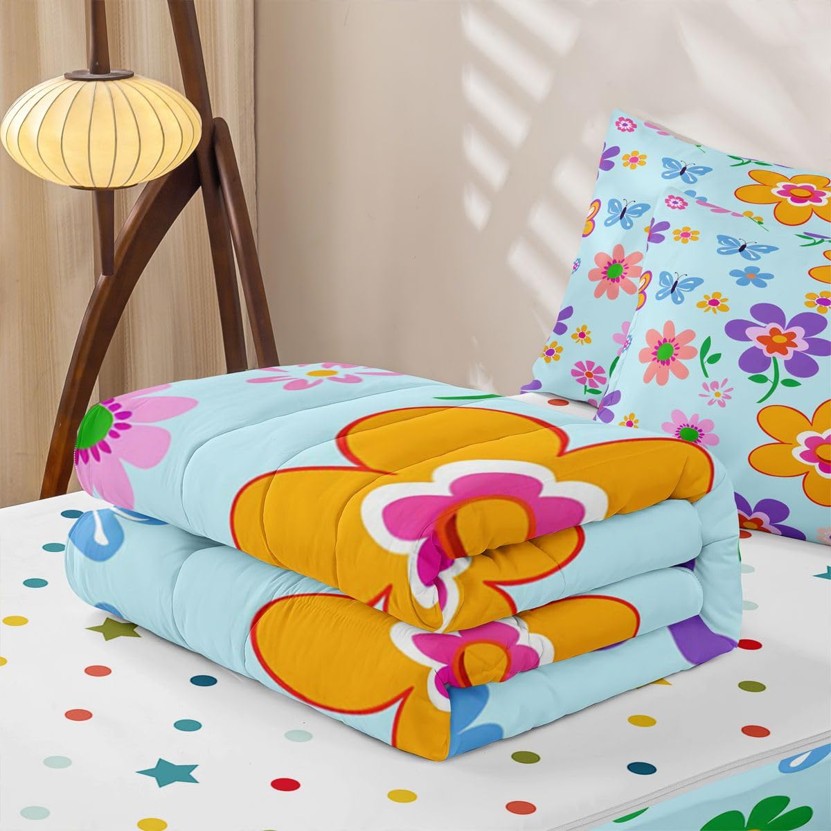 Feelyou Cartoon Cute Flower Zipper Bedding Queen Botanical Floral Bedding Sets for Kids Boys Girls Blue Aesthetic Flower Comforter Set with Fitted Sheet 2 Pillowcases One Zipper Bed Set