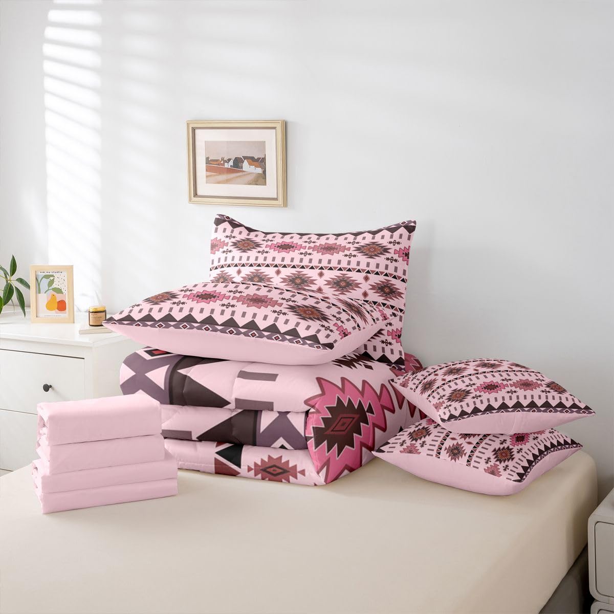 Erosebridal Rustic 7 Piece Bedding Set Queen Aztec Comforter Set with Sheets Tribal Native American Boho Western Bed in a Bag Mysterious Simple Geometric Pink for Teens Men Women