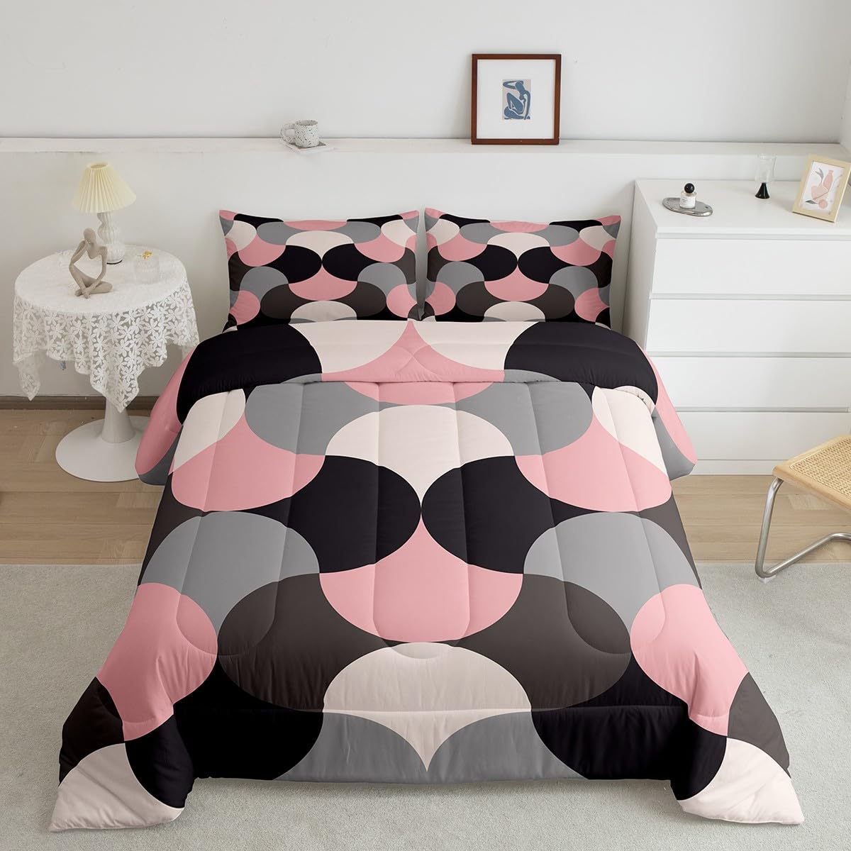 Feelyou Geometric Print Bedding Set Geometric Pink Grey Black Comforter Set for Kids Boys Girls Teens Decor Modern Art Comforter Luxury Abstract Art Duvet Set Queen Size 3Pcs Quilt Set
