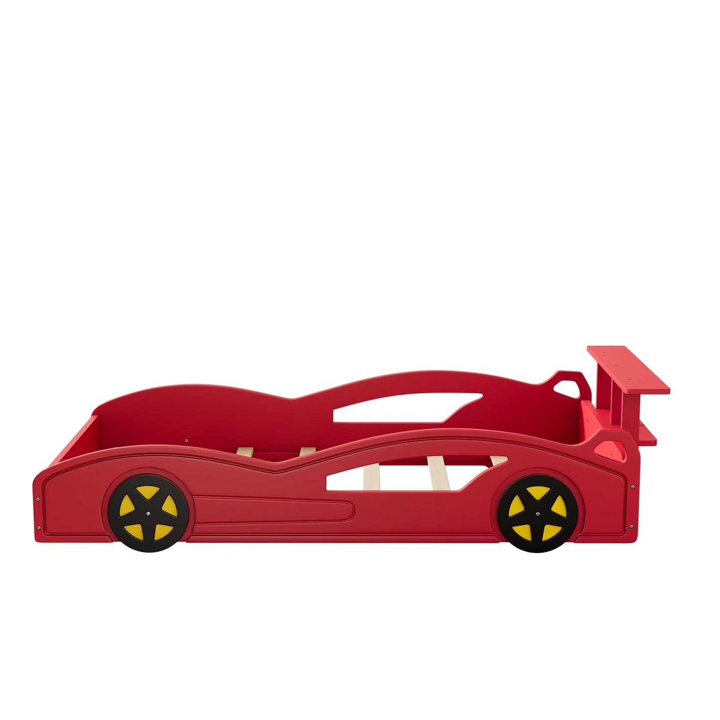 LUMISOL Twin Size Bed Frames for Kids, Race Car-Shaped Platform Bed Frame with Wheels & Guardrails for Boys Girls, No Box Spring Needed, Red+Yellow