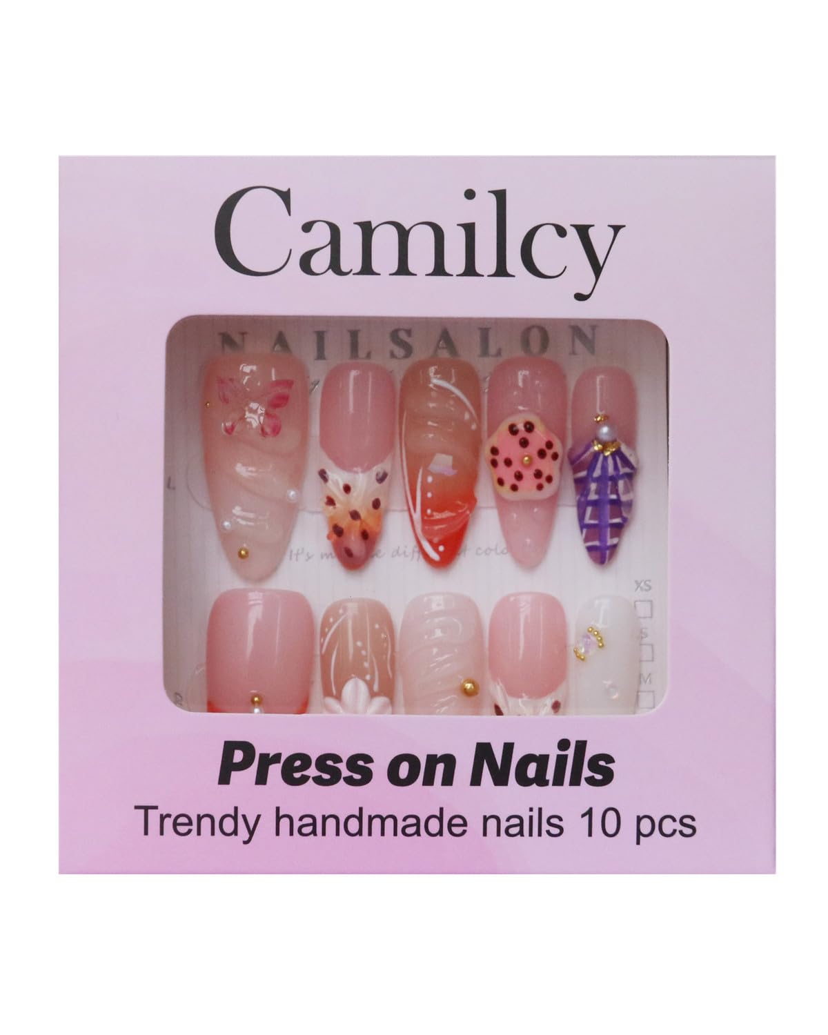 CAMILCY Handmade 3D Floral Butterfly Press On Nails Nude Orange French Almond Tips Fake Nails Luxury Hand‑Painted Rhinestone Pearl Salon Quality Reusable High‑End Custom Manicure for Women (B10, M)