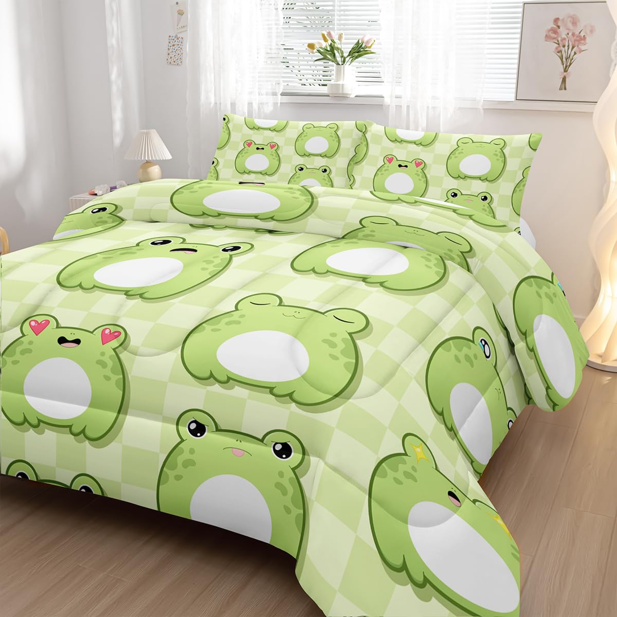 Nttopship Cartoon Frog Comforter Bedding Set with 2 Pillowcase Twin Size Cute Animals Comforter Set for Kids Boys Girls Bedroom Decor