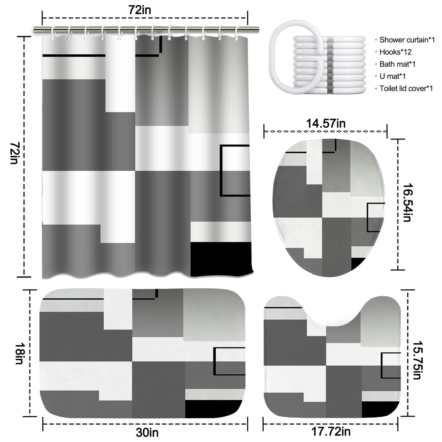 KINUUIS 4 Pcs Black Geometric Bathroom Shower Curtain Sets with with Toilet Lid Cover and Non-Slip Rugs, Black Modern Abstract Bathroom Decor Sets with Shower Curtain and Rugs for Bathroom