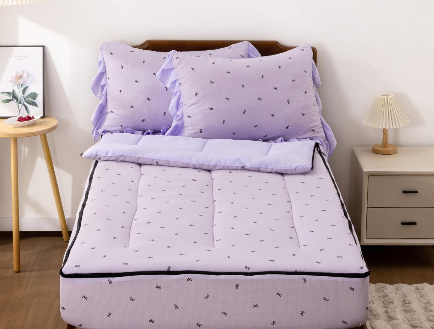 Meeting Story 3pcs Kids Comforter Set Zip up Bedding Set for Girls,Twin Kid Bedding Set Bow Comforter Set for Kid,All in one Zipper Bedding（Lightpurple,Twin）