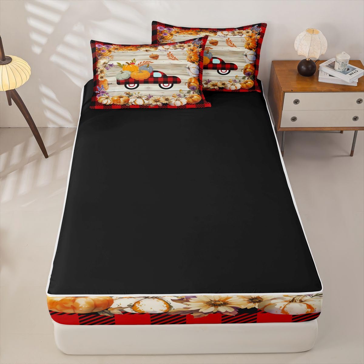 Feelyou Halloween Pumpkin Car Queen Comforter Set with Fitted Sheet Kids Farmhouse Autumn Plants Themed Zipper Bedding Pumpkin Day Zipper Bedding Sets Halloween Style Plaid Print Bed in A Bag